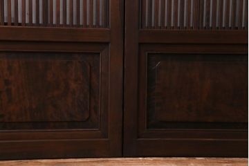 和製アンティーク　板ガラス裏障子留め　凝った作りの腰板が魅力の花ガラス入り格子戸(ガラス帯戸、仕切り戸、引き戸、建具)4枚組