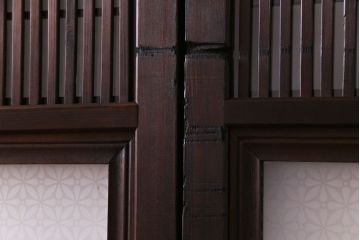 和製アンティーク　板ガラス裏障子留め　凝った作りの腰板が魅力の花ガラス入り格子戸(ガラス帯戸、仕切り戸、引き戸、建具)4枚組
