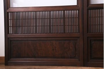 和製アンティーク　板ガラス裏障子留め　凝った作りの腰板が魅力の花ガラス入り格子戸(ガラス帯戸、仕切り戸、引き戸、建具)4枚組