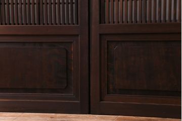 和製アンティーク　板ガラス裏障子留め　凝った作りの腰板が魅力の花ガラス入り格子戸(ガラス帯戸、仕切り戸、引き戸、建具)4枚組