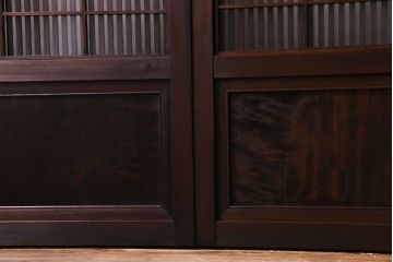 和製アンティーク　板ガラス裏障子留め　凝った作りの腰板が魅力の花ガラス入り格子戸(ガラス帯戸、仕切り戸、引き戸、建具)4枚組