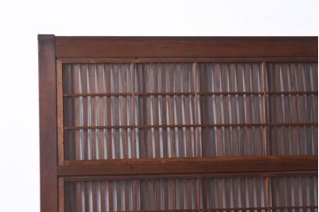 昭和中期　幅広!　板ガラス裏障子留め　色ガラスがアクセントのガラス入り格子戸(ガラス帯戸、引き戸、建具)2枚組