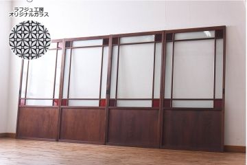 和製アンティーク　色ガラス・花ガラス入り　大正ロマンの雰囲気が漂うガラス戸(引き戸、建具)4枚セット