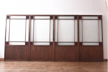 和製アンティーク　色ガラス・花ガラス入り　大正ロマンの雰囲気が漂うガラス戸(引き戸、建具)4枚セット