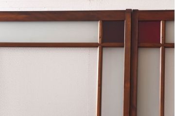 和製アンティーク　色ガラス・花ガラス入り　大正ロマンの雰囲気が漂うガラス戸(引き戸、建具)4枚セット