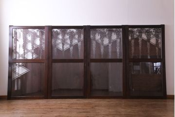 ラフジュ工房オリジナル　小粋な和の風情を感じる透かし彫りのガラス入り板戸(仕切り戸、引き戸、建具)4枚組