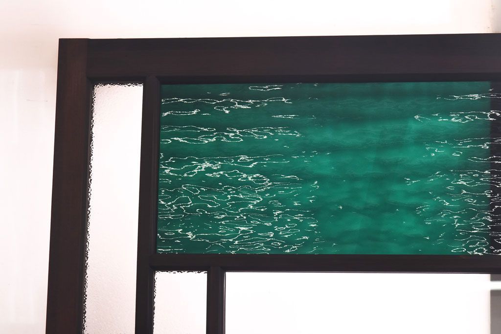 ラフジュ工房オリジナル　緑の色ガラスがレトロな雰囲気を漂わせる引き戸(ガラス戸、建具)2枚セット