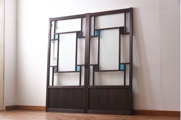 ラフジュ工房オリジナル　色ガラスがポイントになったレトロな引き戸(建具、ガラス戸)2枚セット(1)