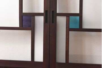 ラフジュ工房オリジナル　色ガラスがポイントになったレトロな引き戸(建具、ガラス戸)2枚セット(1)