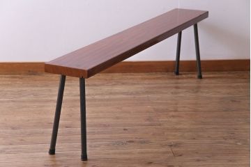 昭和初期　ケヤキ材一枚板　つややかな漆塗りのリメイク鉄脚ベンチ(板座チェア、椅子)