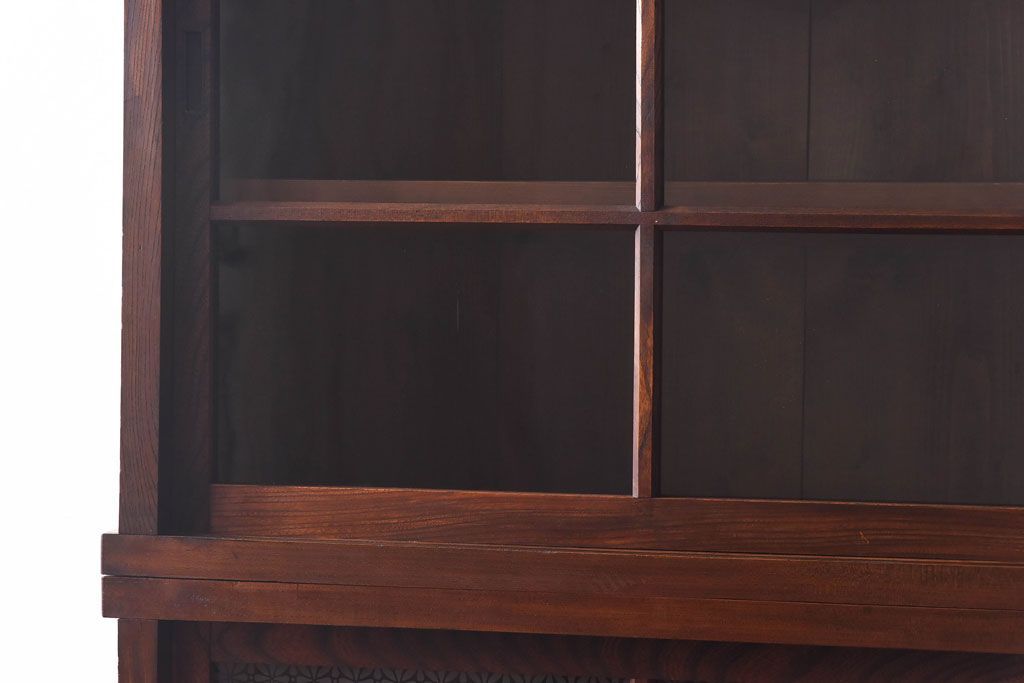 アンティーク家具　和製アンティーク　前面ケヤキ材　花ガラスがおしゃれな重ね収納棚(食器棚、飾り棚)