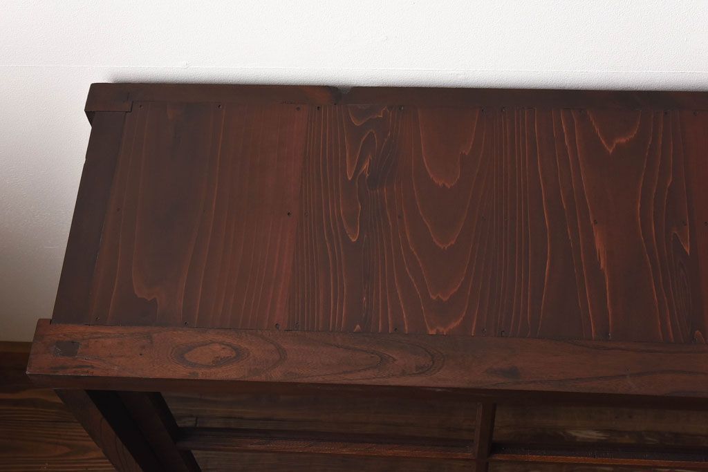 アンティーク家具　和製アンティーク　前面ケヤキ材　花ガラスがおしゃれな重ね収納棚(食器棚、飾り棚)