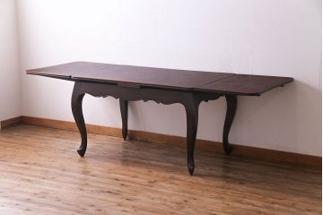 アンティーク家具　フランスアンティーク　パーケットの天板が美しいドローリーフテーブル(エクステンションテーブル、ダイニングテーブル)