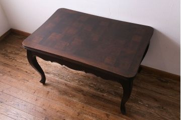 アンティーク家具　フランスアンティーク　パーケットの天板が美しいドローリーフテーブル(エクステンションテーブル、ダイニングテーブル)