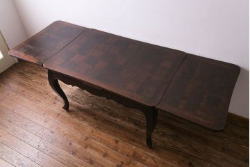 アンティーク家具　フランスアンティーク　パーケットの天板が美しいドローリーフテーブル(エクステンションテーブル、ダイニングテーブル)