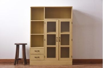 ペイント家具　モールガラス入り!　オープンラック付き本箱(本棚、食器棚、収納棚、飾り棚)