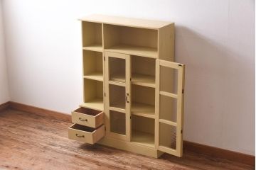 ペイント家具　モールガラス入り!　オープンラック付き本箱(本棚、食器棚、収納棚、飾り棚)