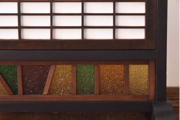 アンティーク雑貨　大正ロマン　当時物色ガラスで華やかさを加えたモダンな衝立(衝立障子、間仕切り)