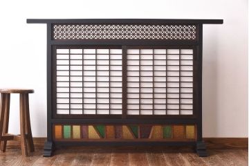 アンティーク雑貨　大正ロマン　当時物色ガラスで華やかさを加えたモダンな衝立(衝立障子、間仕切り)