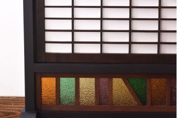 アンティーク雑貨　大正ロマン　当時物色ガラスで華やかさを加えたモダンな衝立(衝立障子、間仕切り)