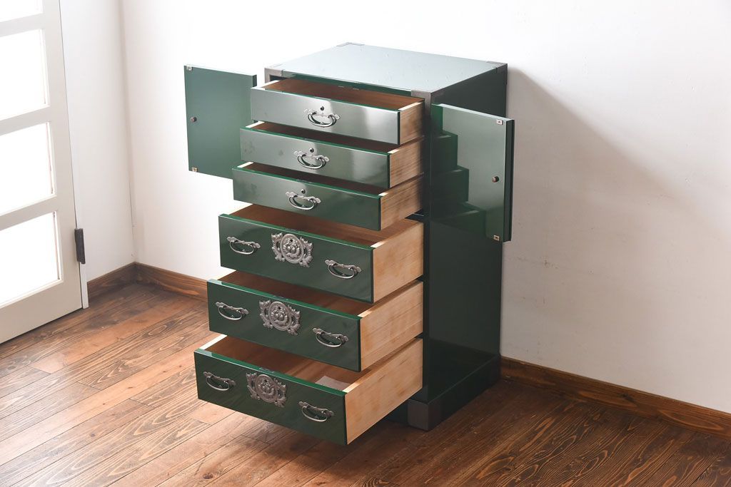 中古　二本松箪笥　田中家具　個性的でモダンな両開き戸付きチェスト(箪笥、引き出し)