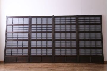 和製アンティーク　板ガラス裏障子留め 濃い色味の細い縦桟が和モダンの雰囲気を漂わせる格子戸(仕切り戸、引き戸、建具)4枚組