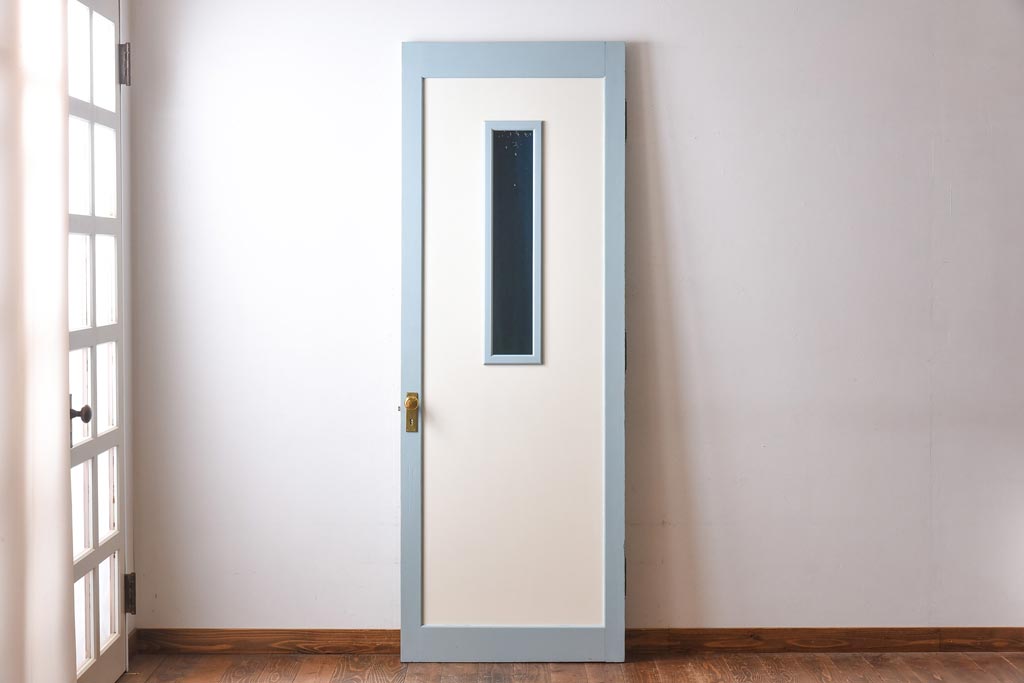 レトロ　色ガラス入り　淡い水色が爽やかなペイントドア(扉、建具)