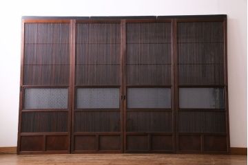 和製アンティーク　腰板ケヤキ　板ガラス裏障子留め　モダンな花ガラス入り幅狭格子戸(ガラス戸、引き戸、建具)4枚セット