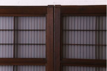 和製アンティーク　腰板ケヤキ　板ガラス裏障子留め　モダンな花ガラス入り幅狭格子戸(ガラス戸、引き戸、建具)4枚セット