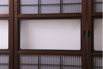 和製アンティーク　腰板ケヤキ　板ガラス裏障子留め　モダンな花ガラス入り幅狭格子戸(ガラス戸、引き戸、建具)4枚セット