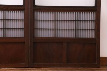 和製アンティーク　腰板ケヤキ　板ガラス裏障子留め　モダンな花ガラス入り幅狭格子戸(ガラス戸、引き戸、建具)4枚セット