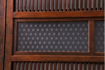 和製アンティーク　裏障子付き　花ガラスが上品な格子戸(ガラス帯戸、引き戸)4枚セット