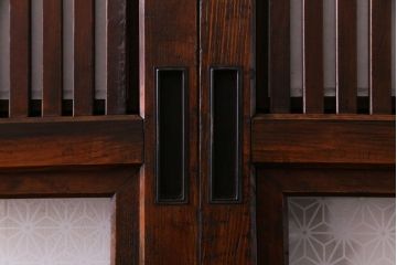 和製アンティーク　裏障子付き　花ガラスが上品な格子戸(ガラス帯戸、引き戸)4枚セット