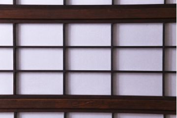 和製アンティーク　裏障子付き　花ガラスが上品な格子戸(ガラス帯戸、引き戸)4枚セット