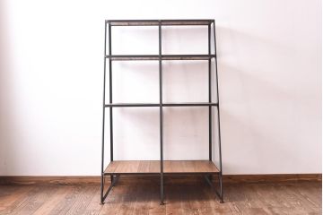 ラフジュオリジナル　チーク無垢材　シンプルながら使い勝手の良い台形アイアンラック(飾り棚、陳列棚)(2)
