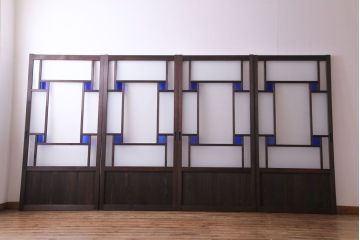 ラフジュ工房オリジナル　青い色ガラスがアクセントのシックな引き戸(建具、ガラス戸)4枚セット