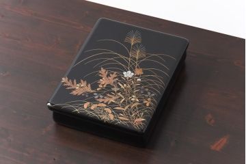 アンティーク雑貨　一清作　秋草文　螺鈿　金蒔絵梨地木製文箱(硯箱)