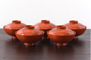 和製アンティーク　鶴松亀　朱塗りの木製椀(漆器、和食器)5客セット