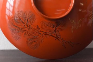 和製アンティーク　鶴松亀　朱塗りの木製椀(漆器、和食器)5客セット