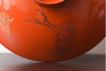 和製アンティーク　鶴松亀　朱塗りの木製椀(漆器、和食器)5客セット