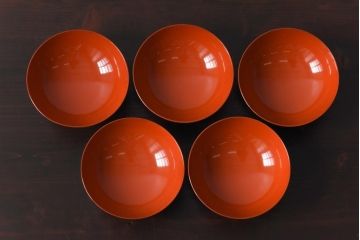 和製アンティーク　鶴松亀　朱塗りの木製椀(漆器、和食器)5客セット