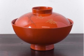 和製アンティーク　鶴松亀　朱塗りの木製椀(漆器、和食器)5客セット