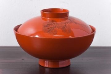和製アンティーク　鶴松亀　朱塗りの木製椀(漆器、和食器)5客セット