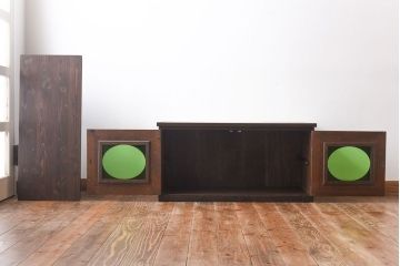 アンティーク家具　和製アンティーク　丸窓　当時物色ガラスがおしゃれな箪笥ローボード(リビングボード、収納棚、戸棚)