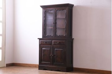 中古　松本民芸家具　#58型　お洒落な扉が印象的な食器棚(カップボード、収納棚)