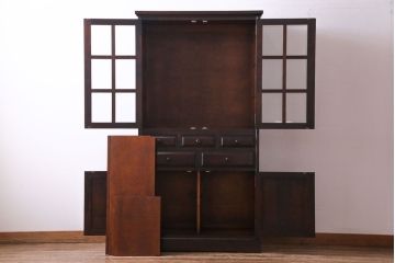 中古　北海道民芸家具　HM160K　落ち着いた色合いが上品な食器棚(本箱、収納棚)(定価約45万)