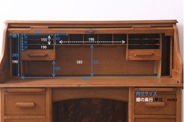 アンティーク家具　イギリスアンティーク　オーク材　キャスター付き　素朴な木肌が魅力のロールトップデスク(両袖机、在宅ワーク、在宅用ワークデスク)