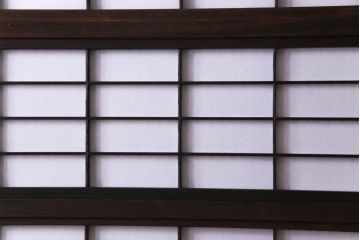 和製アンティーク　裏障子付き　モダンなダイヤガラス入り格子戸(障子戸、引き戸)4枚セット