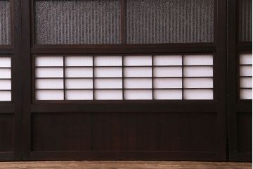 和製アンティーク　裏障子付き　モダンなダイヤガラス入り格子戸(障子戸、引き戸)4枚セット