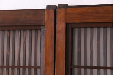 昭和レトロ　板ガラス裏障子留め　花ガラス入り　温かな色味が魅力の格子戸(ガラス帯戸、引き戸、建具)3枚セット